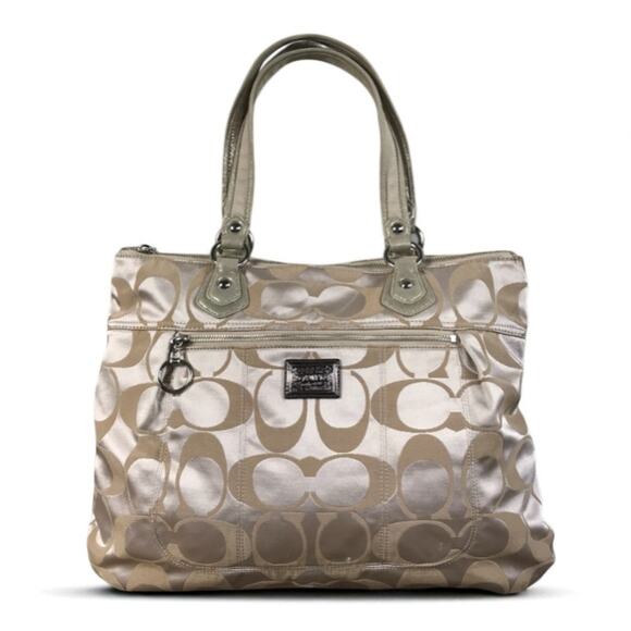 COACH Poppy Metallic Signature Logo Glam Tote Silver/Khaki Office Travel Classic - Picture 1 of 13